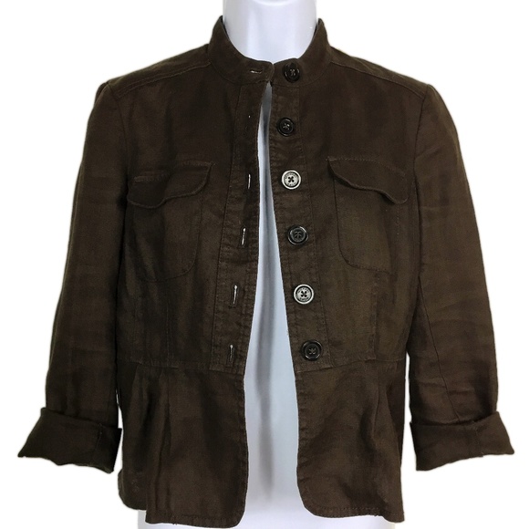 Chocolate Brown Linen Jacket with Mandarin Collar - Picture 3 of 8